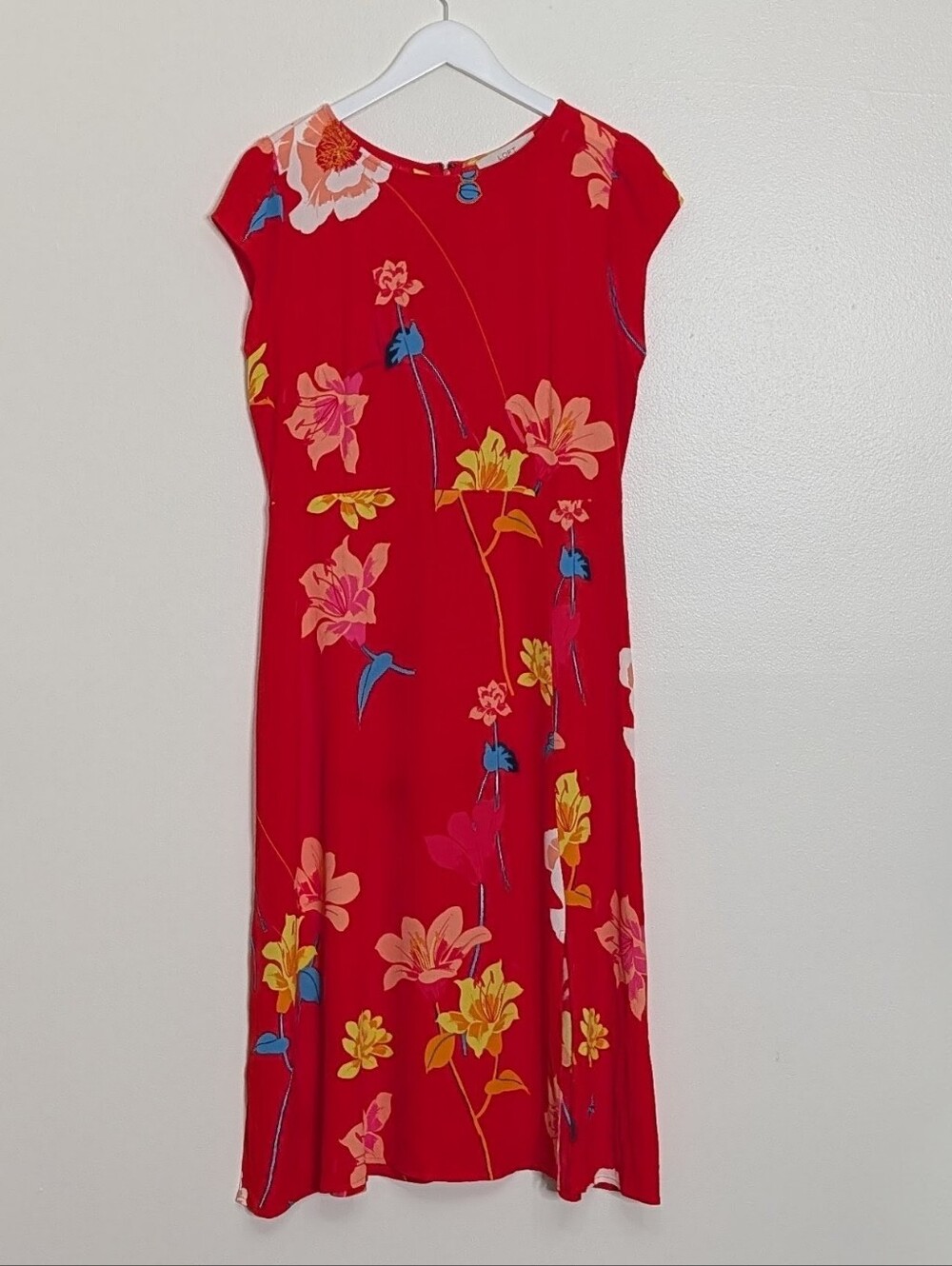 Loft Dress 8 Red Lily Tropical Floral Print Cap Sleeve Midi Slit Ann Taylor